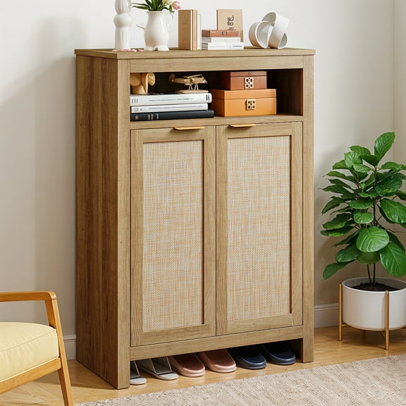 Uforic Rattan Shoe Cabinet with Door & Shelves, 6-Tier Shoe Storage Organizer Cabinet Shoe Rack