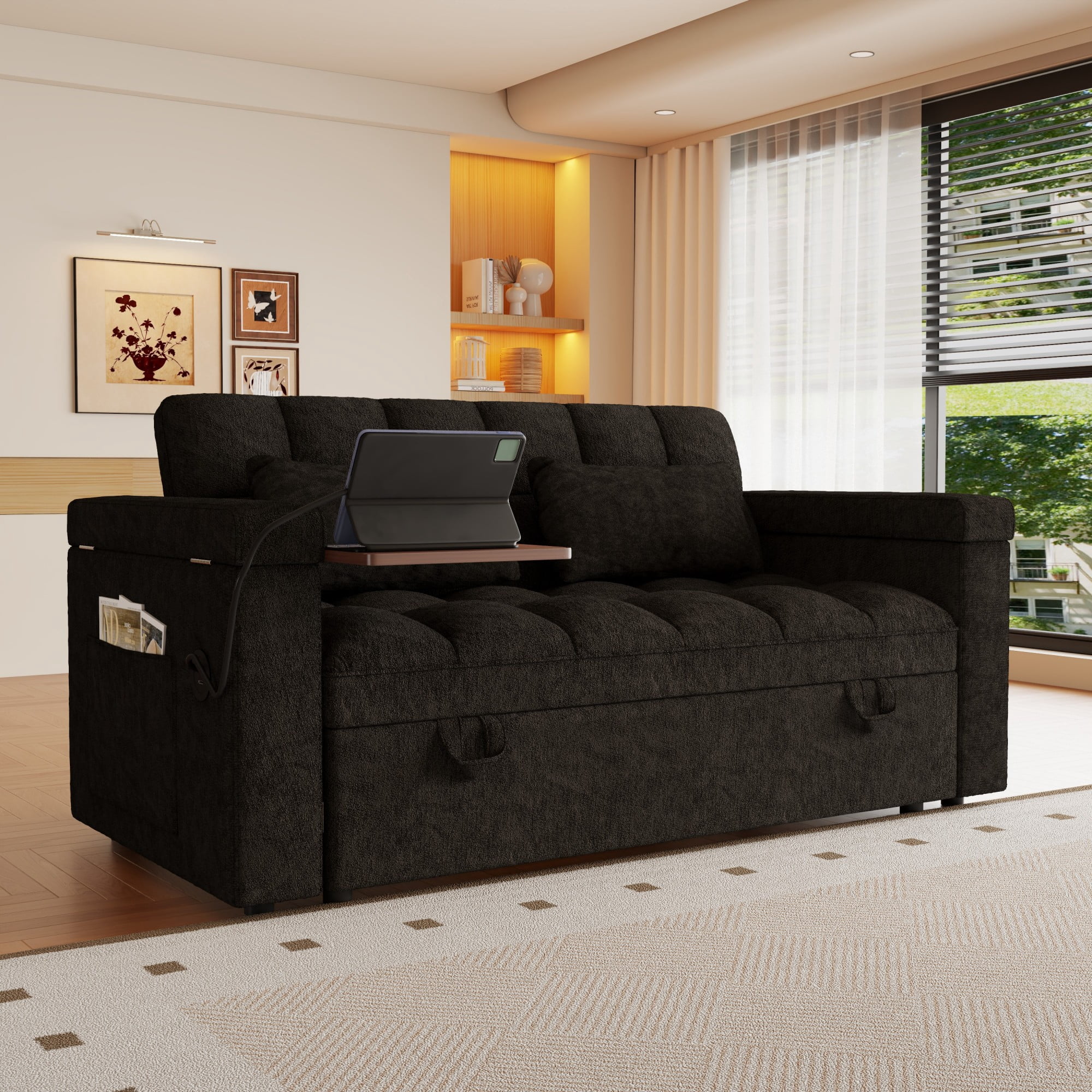 DEALTOPS 65" Chenille 3-in-1 Pull Out Sleeper Sofa Bed, Loveseat Couch with Tray Table & USB, Black