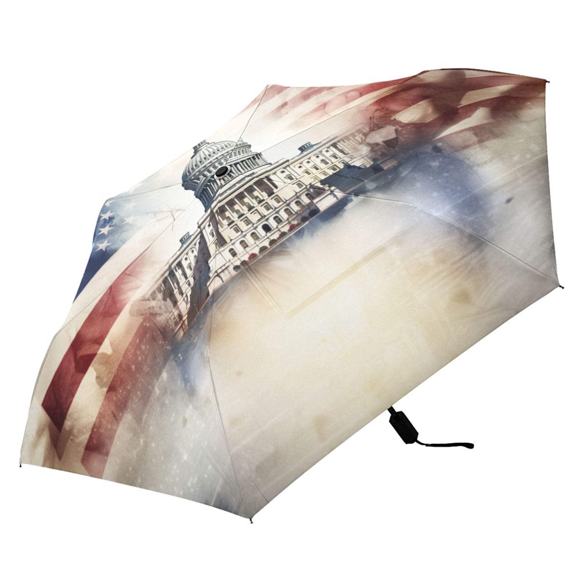 White House and American Flag Compact Sun Umbrella Windproof Travel Umbrellas for Rain Strong Portable UV Protection