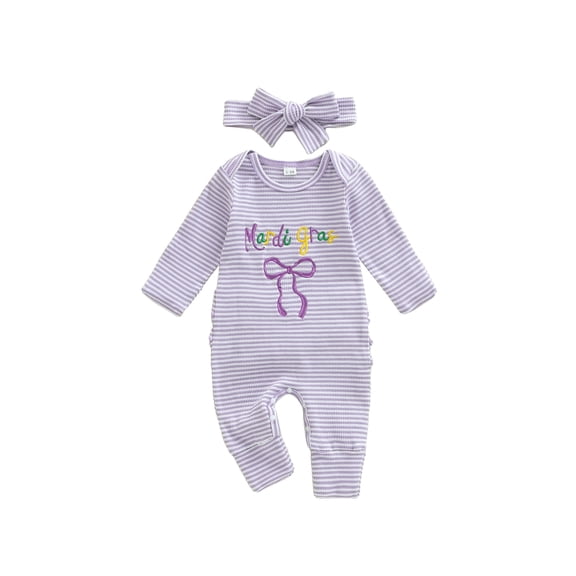 BemeyourBBs Newborn Baby Girls Mardi Gras Outfits Carnival Romper Waffle Knit Striped Bow Letter Embroidery Long Sleeve Jumpsuit Headband Fall Winter Spring Clothes