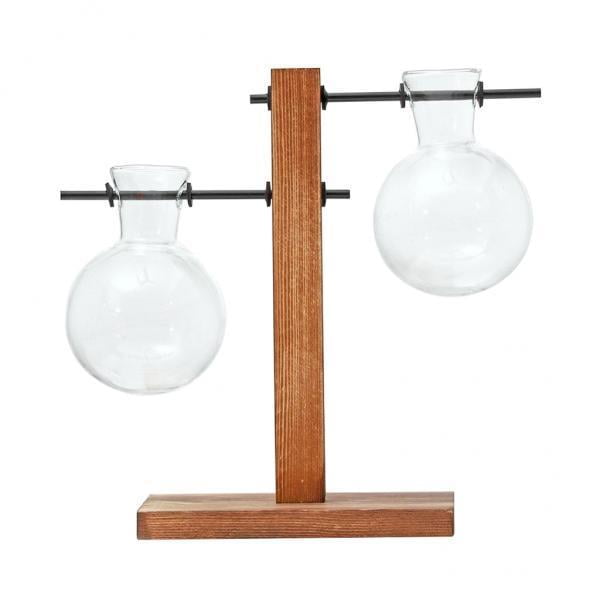 2x jarrón hidropónico Zulema de vidrio transparente con soporte de madera 10x13.5cm