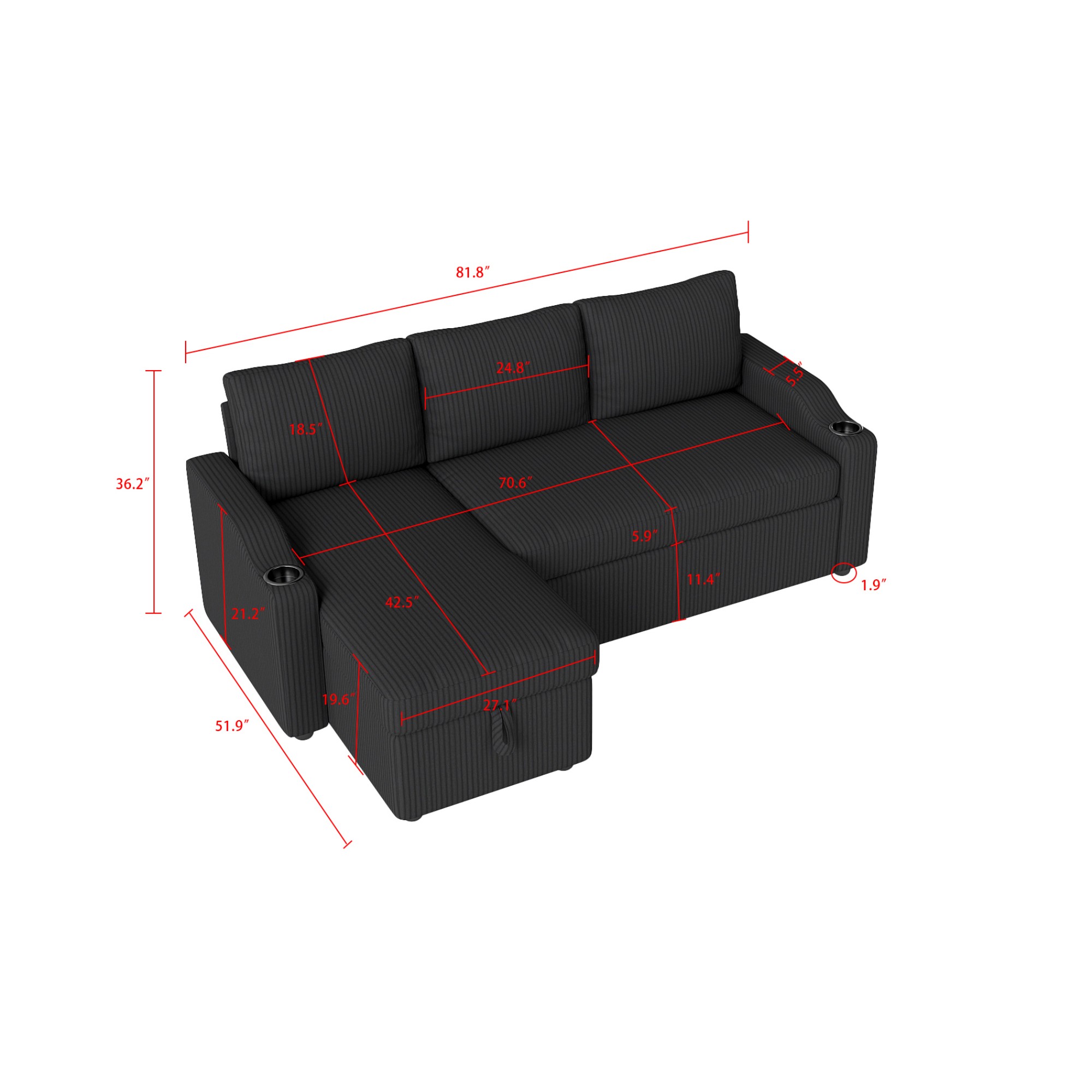 Gewnee Pull Out Sofa Bed,3 In 1 Sleeping and Seating Sofa with Storage Function,with Corduroy Fabric L-shaped Sofa,Suitable for Living Room,Bedroom and Apartment(Black)