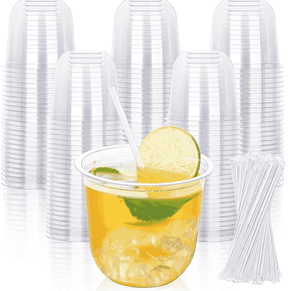 Wuxiuli Clear Plastic Cups 12 oz Heavy Duty Party Cups with Straws 100 Pack