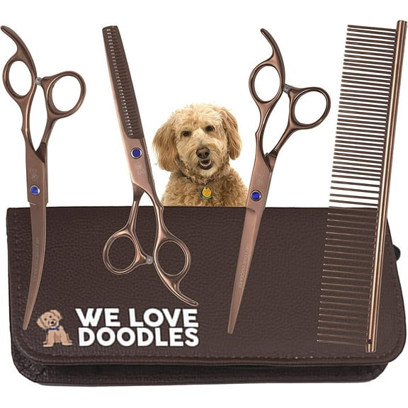 Grooming Scissors Kit, Dog Grooming Shears, Curved, Thinning, Straight Scissors For Dogs [We Love Doodles Dog]