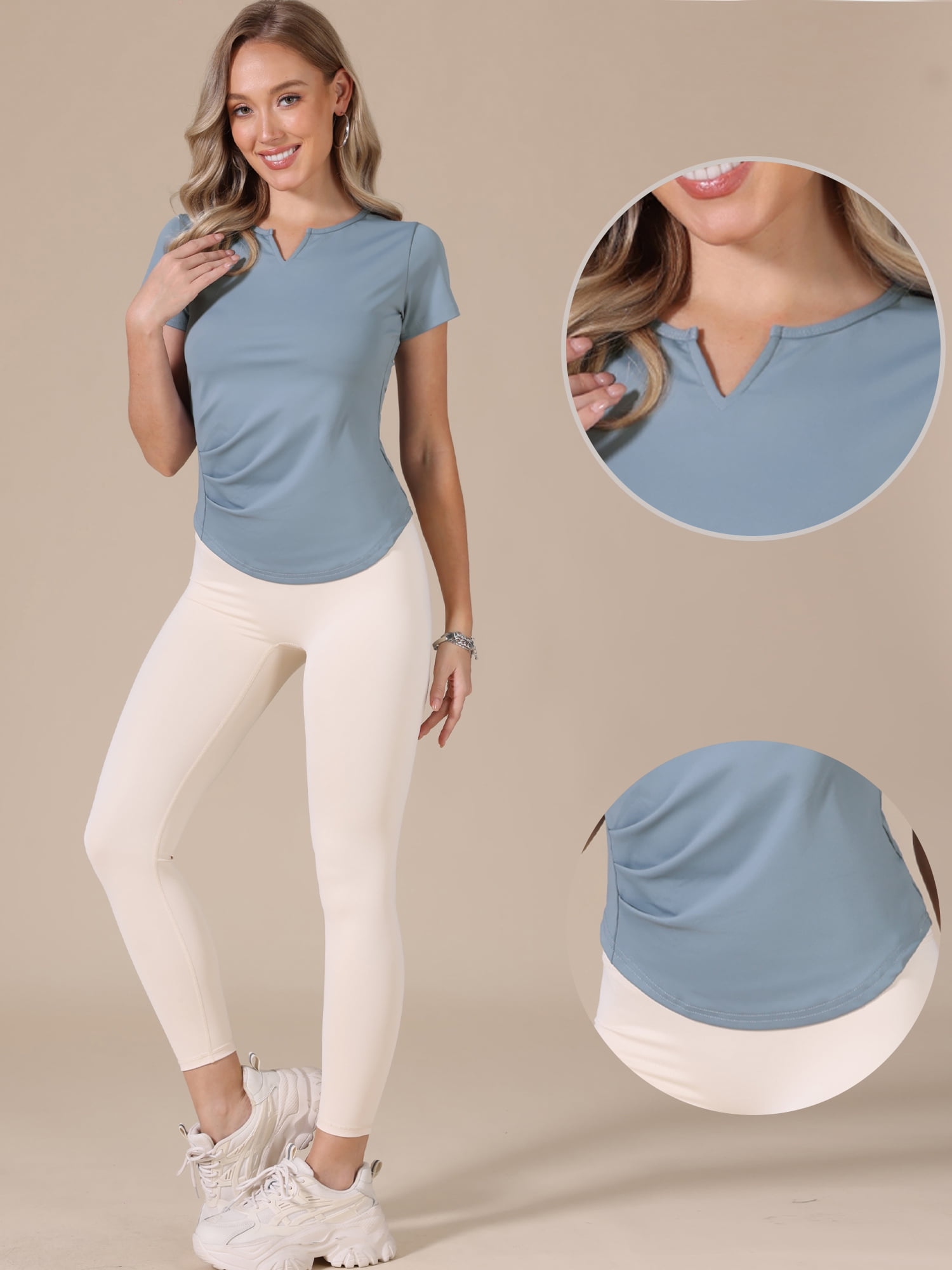 DARING DIVA Women's Elastic Workout Tops Short Sleeve Running Gym Shirts L Gray Blue