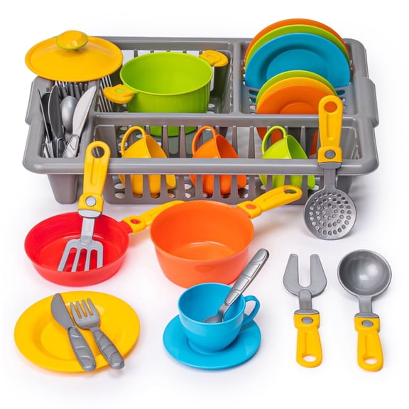 Pretend Play Dishes Cookware Set - 33 Pcs Childrens Durable Tableware Playset with Drainer
