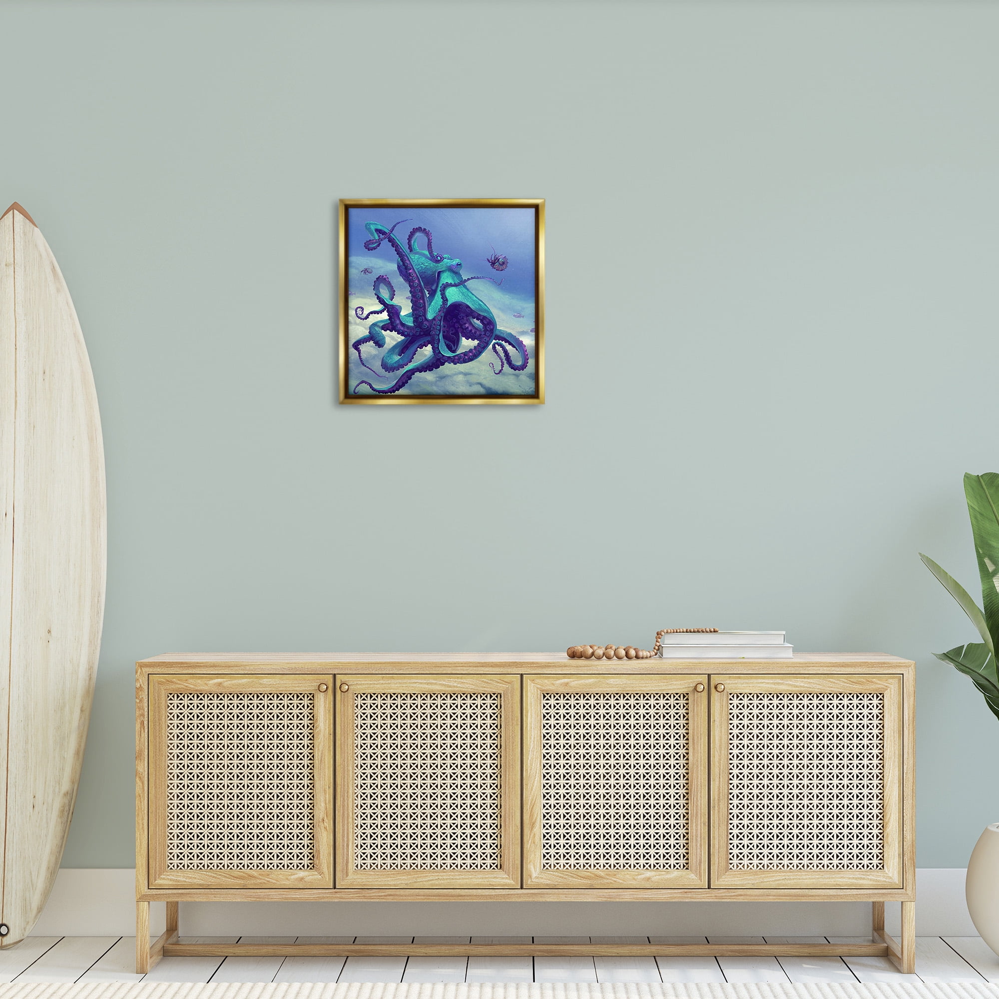 Stupell Industries Vivid Underwater Octopus Animals & Insects Painting Gold Floater Framed Canvas Art Print Wall Art, 25 x 25