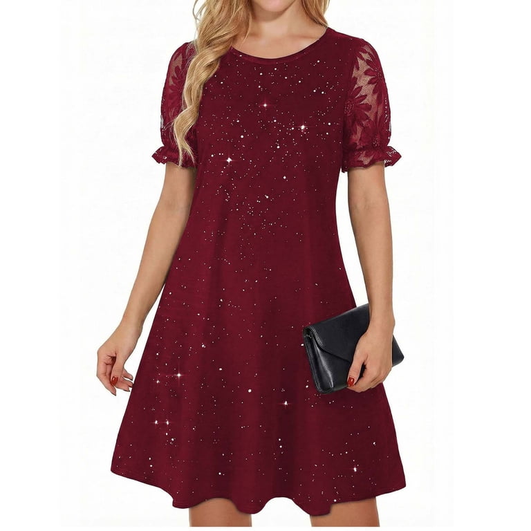 Hduncf Women's Glitter T-Shirt Dress Sparkly Lace Flared Short Sleeves Casual Mesh A-Line Dress For Party Cocktail Red M