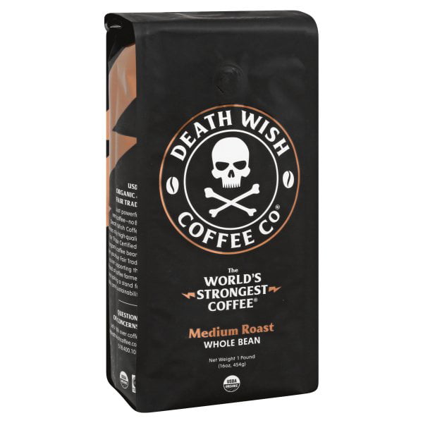 Death Wish Coffee Company’s Whole Bean Coffee [1-pack/bag, 1 lb] The World's Strongest Medium Roast, USDA Certified Organic, Fair Trade, Arabica and Robusta Beans, A Lighter Shade of Bold