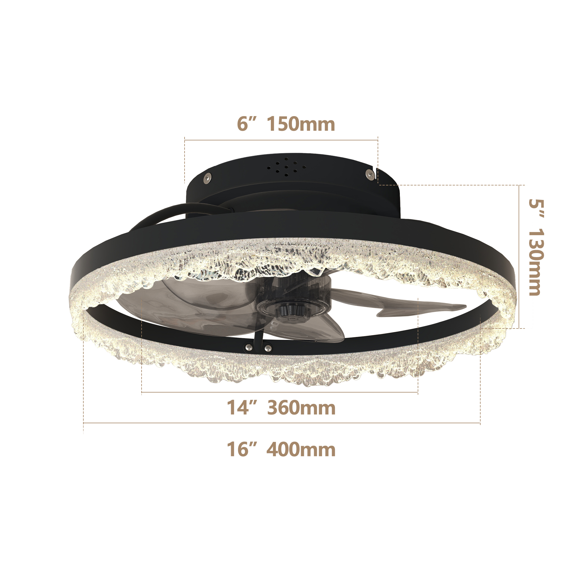 Leumius 16" Decorative LED Ceiling Fan Light, Modern Flush Mount with Acrylic Ring, Hidden Blades, Remote Control and Dimmable Light for Bedroom, Kids Room, Study Room (Black)