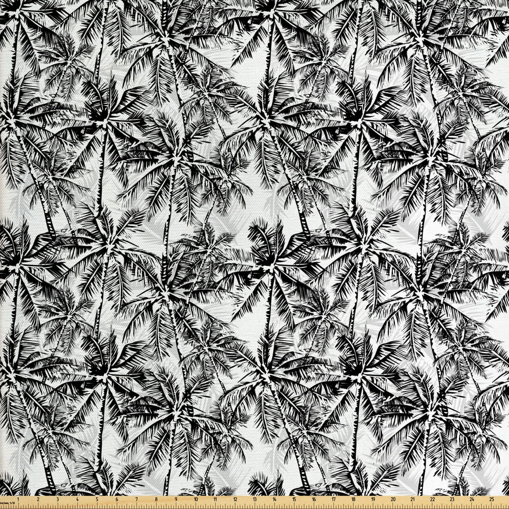 Palm Tree Fabric by The Yard, Monochrome Woodland Pattern Depicting