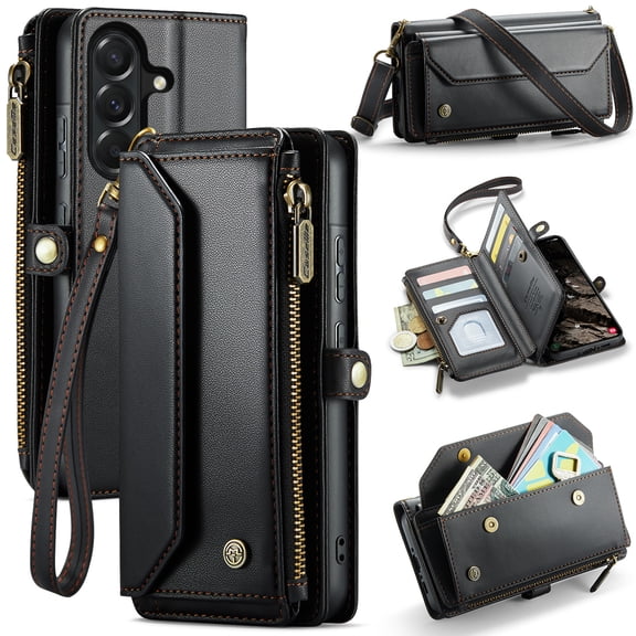 Crossbody for Samsung Galaxy A37 A57 Case Wallet【RFID Blocking】with 10-Card Holder Zipper Bills Slot, Soft PU Leather Magnetic Flip Wristlet Shoulder Strap Wallet Case for Women