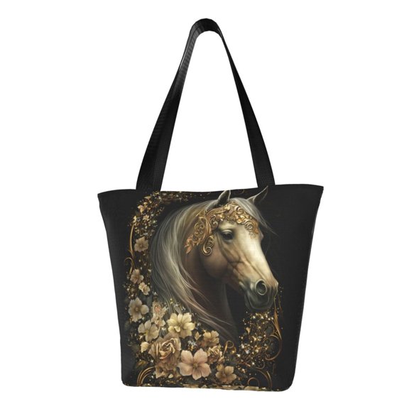 Defioc Palatial Gold Pattern Horse Print Tote Bag for Women,Shoulder Bag with Zipper Casual Tote's Handbag Big Capacity Shoulder Bag with Inner Pocket Fit for Shopping,Office,Travel