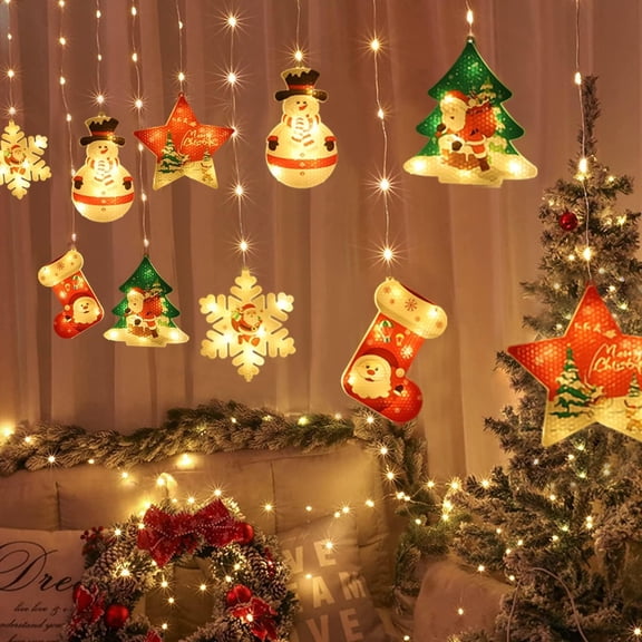 LINLIN Curtain Pendant, LED Fairy Light Curtain 1.5m x 0.8m 113LEDs 3D Curtain Light Window Decoration USB Hanging Light for Bedroom Christmas Party Christmas Tree Snowman Santa Pendant