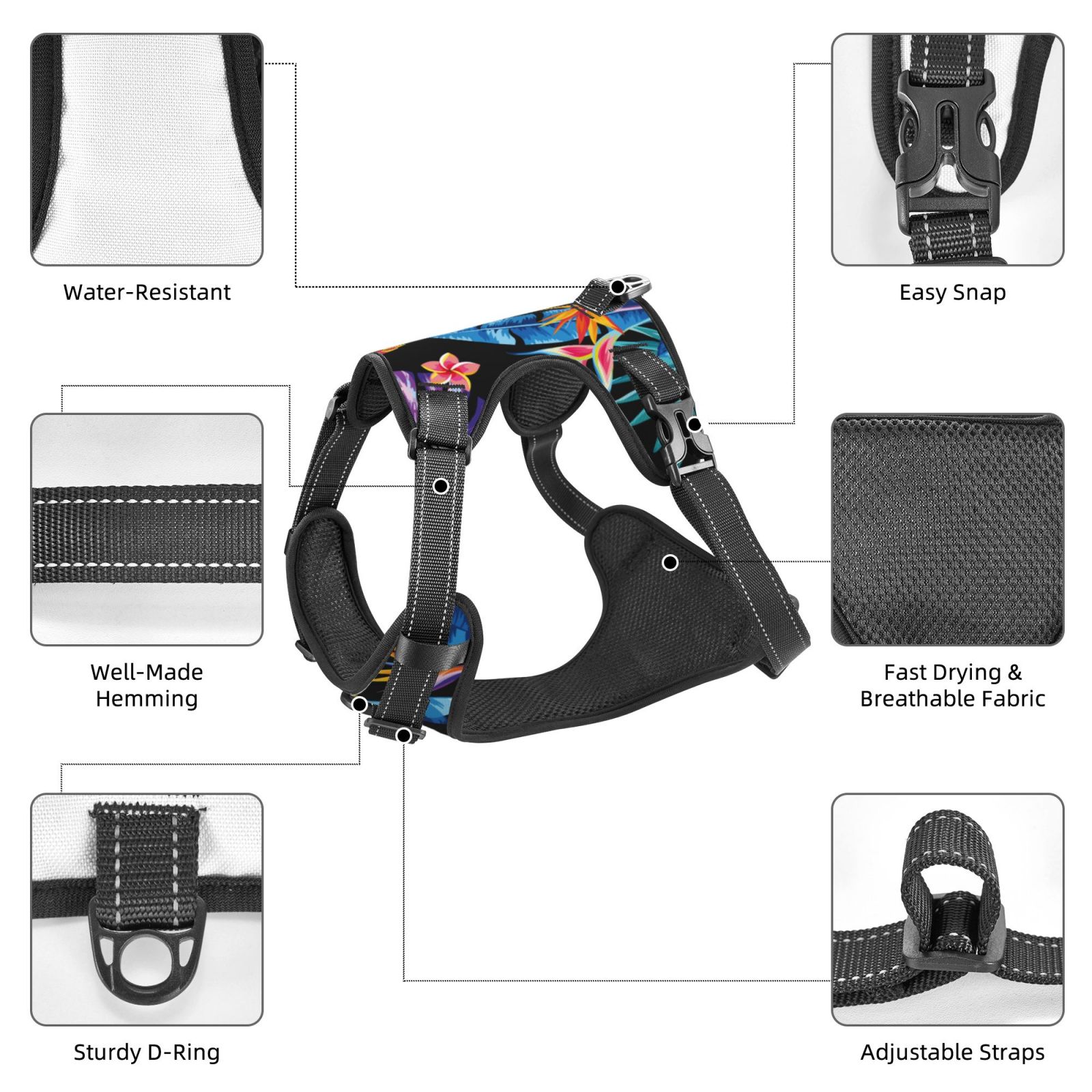 Fuzoiu Tropical Palm Leaves Print Reflective Dog Harness,Adjustable, Breathable Pet Vest,Dog Harness No Pull,No Choke Pet Vest for Small, Medium, and Large Dogs-Medium