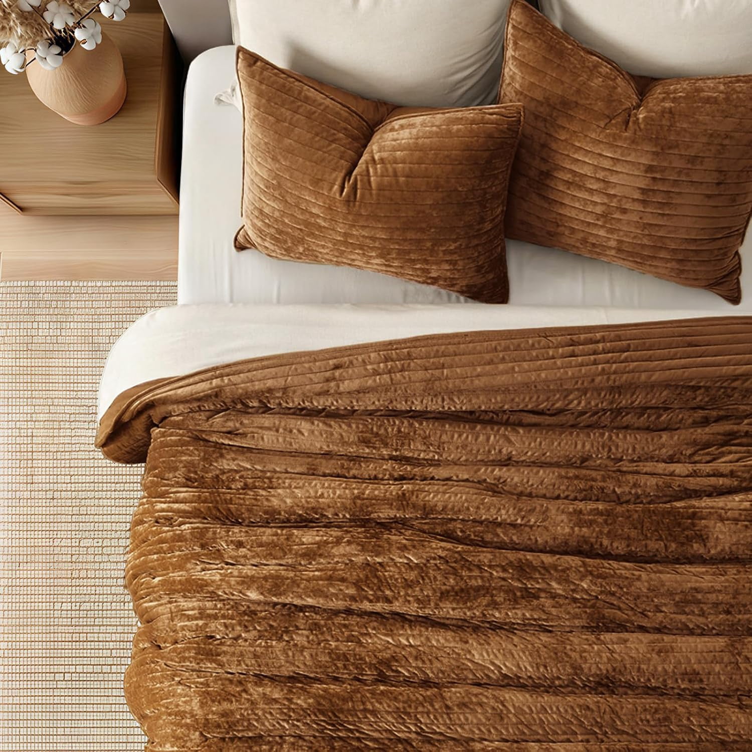 EVERGRACE Velvet Quilt Set Queen Size, Luxurious Soft Striped Channel Bedding Set, Lightweight Velvet Comforter for All Season, Oversized Bedspread Coverlet with 2 Matching Shams, Dark Brown