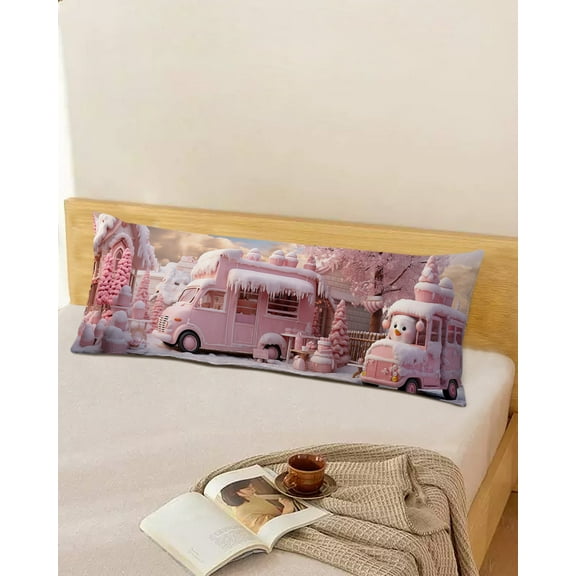 Pink Christmas Throw Pillow Cover, Xmas Truck Snowman Winter Tree Rectangle Decorative Pillow Case Protector Soft Cushion Cover Lumbar Pillowcase for Couch Sofa Bedroom Car Chair Decor 20x54 Inch