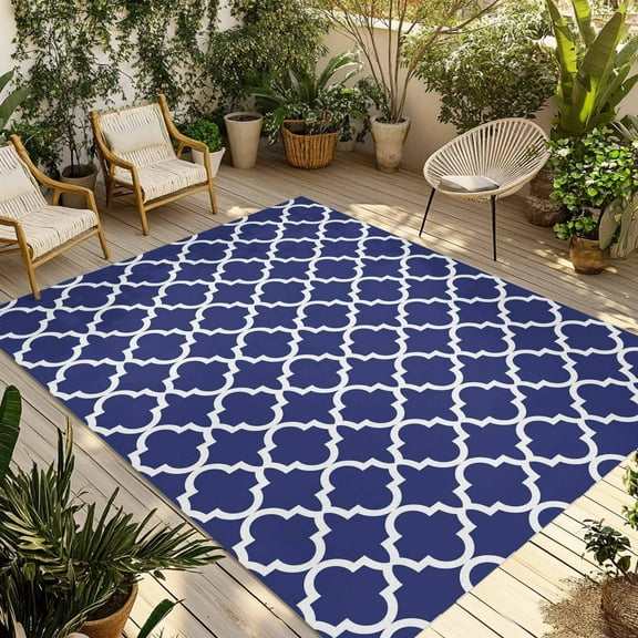 Fsddascl Navy Blue Morocco Outdoor Rug for Patio/Deck/Porch, Non-Slip Large Area Rug 4 x 6 Ft, Modern Farmhouse Geometric Textured Indoor Outdoor Rugs Washable Area Rugs, Camping Rug Carpet