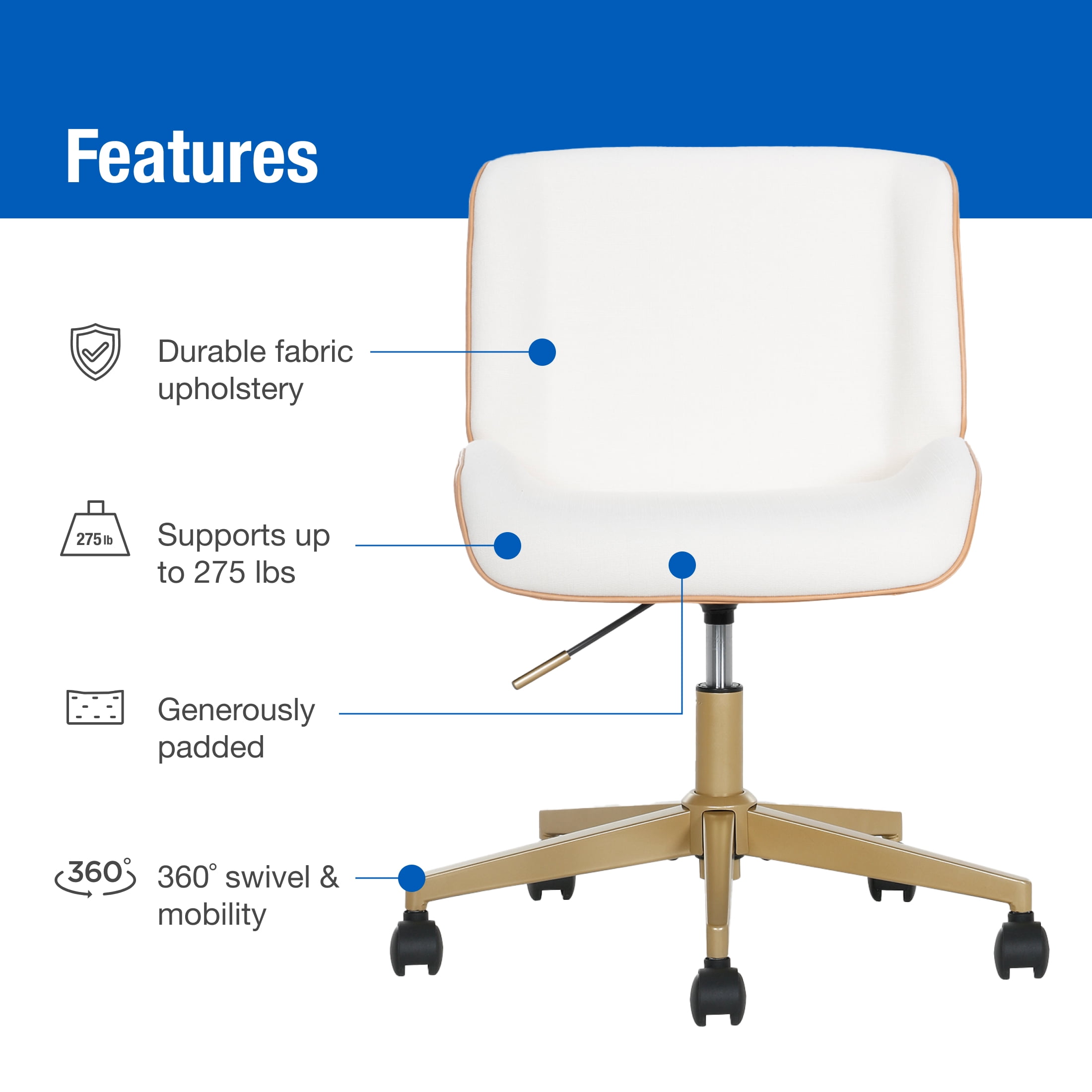 Mainstays Daphne Office Chair, White Fabric with Camel Faux Leather
