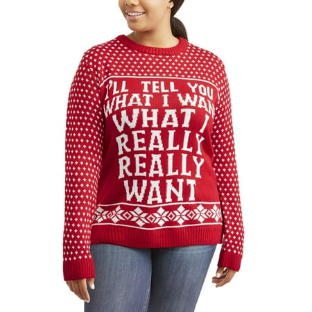 Poof Juniors' Plus Crew Neck 'I'll Tell You What I Want' Graphic Xmas Sweater