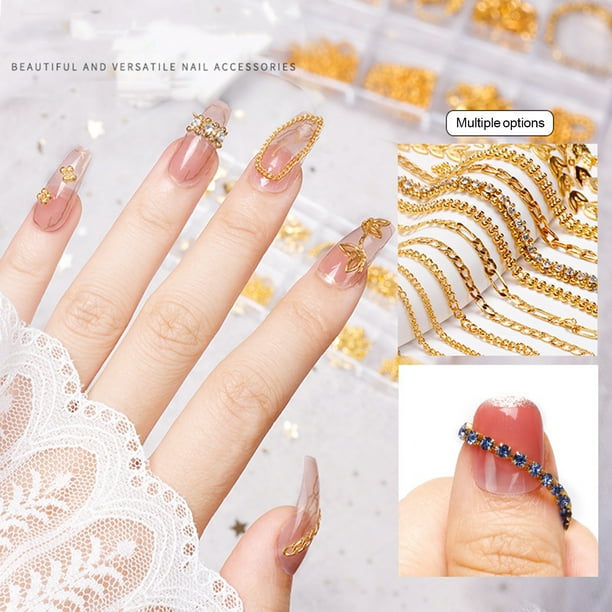 Jiaroswwei 12 Grids/Box Nail Chain Glitter 3D Effect Alloy Nail Art