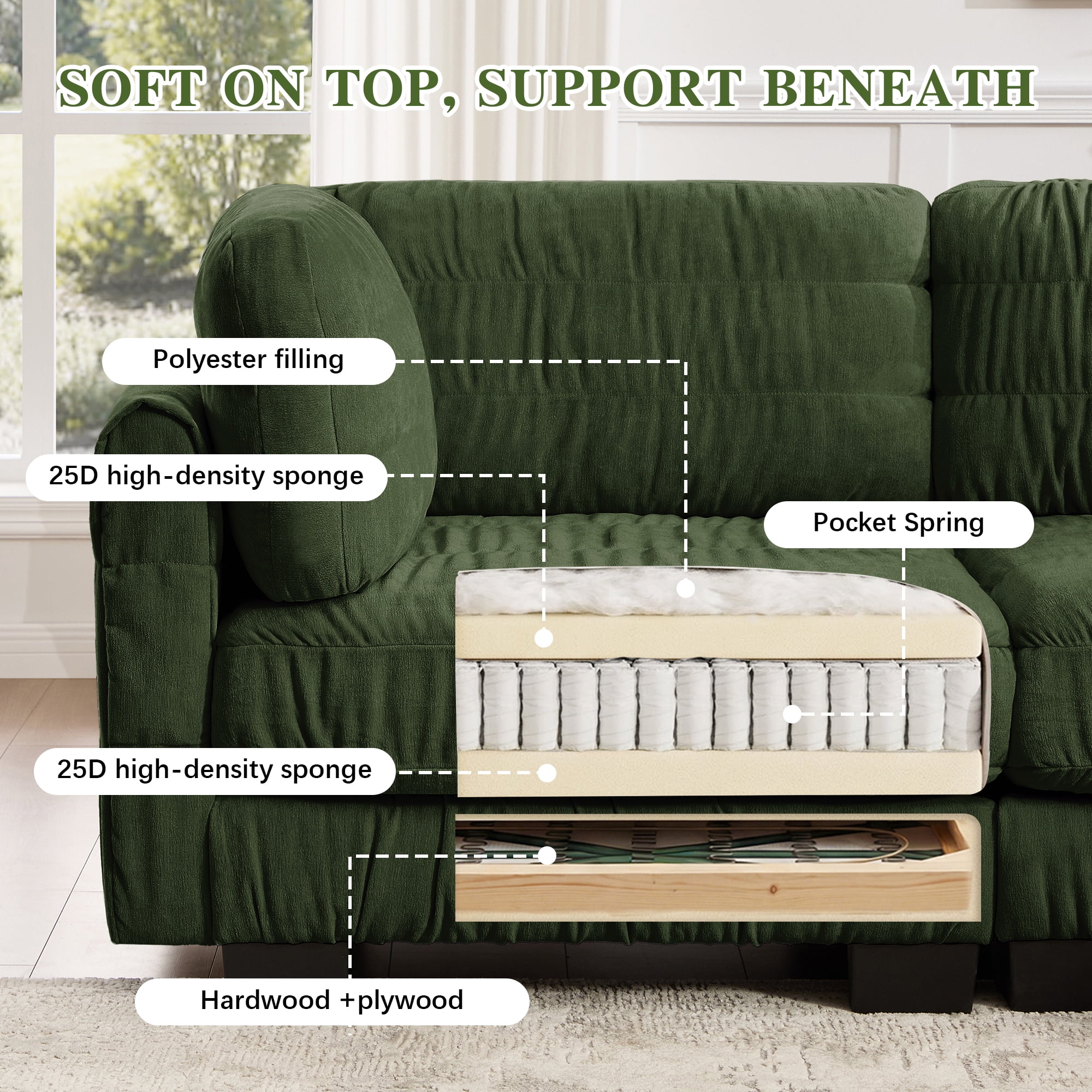140" 4 Seat Ruched Chenille Modular Sectional Sofa with L Shape Back Cushions,Easy Assembly