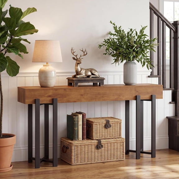 63" Modern Console Table for Entryway, Narrow Sofa Table with Wood Top and Metal Legs, Slim Hallway Accent Table for Living Room, Foyer and Behind Couch,Dark brown