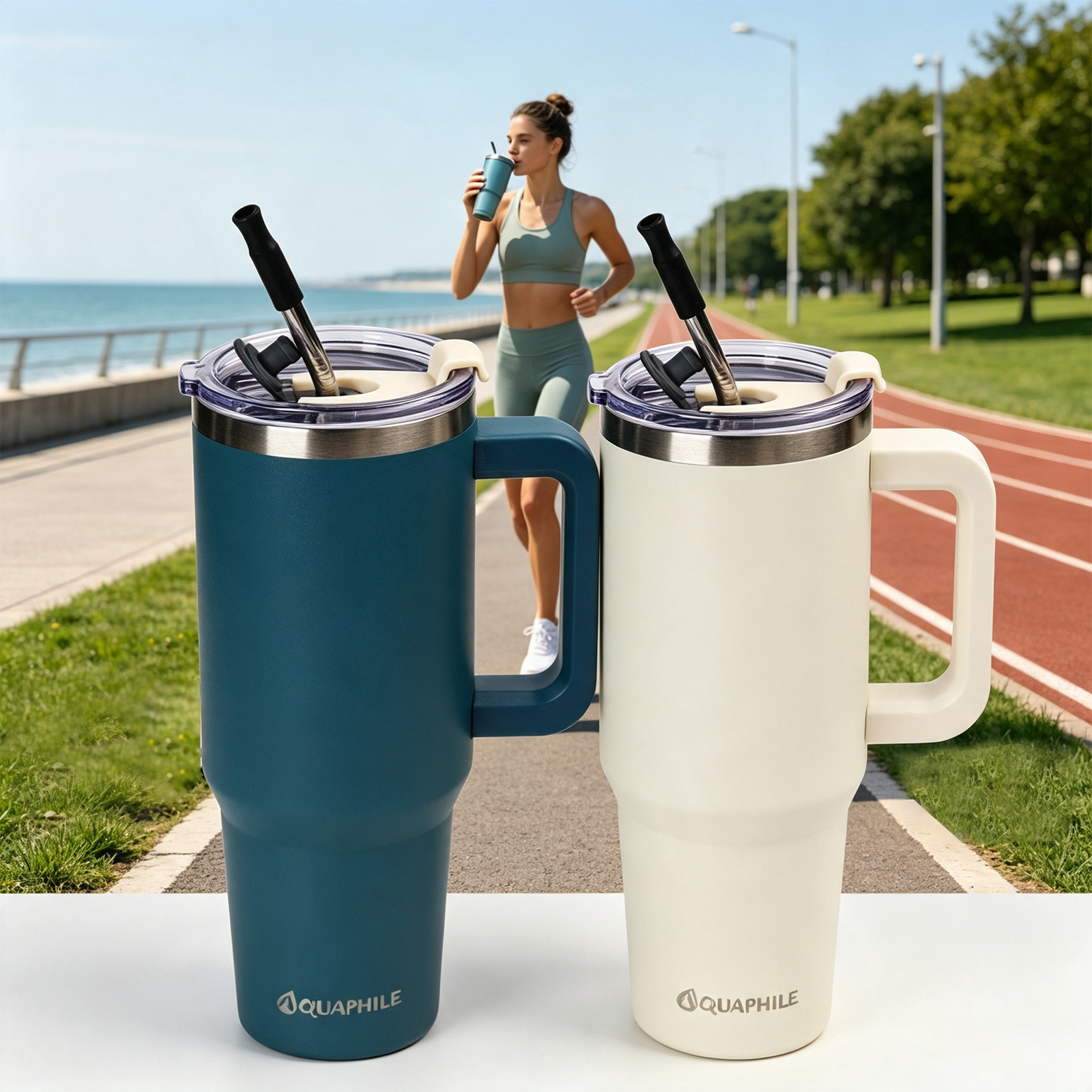 AQUAPHILE Insulated Tumbler with Straw, 40 oz, Ivory photo 5