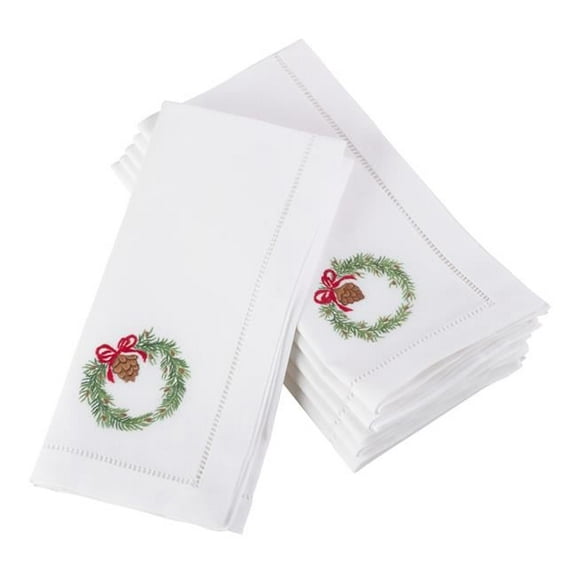 SARO  20 in. Square Embroidered Wreath Christmas Holiday Hemstitched Border Cotton Napkin  White - Set of 6