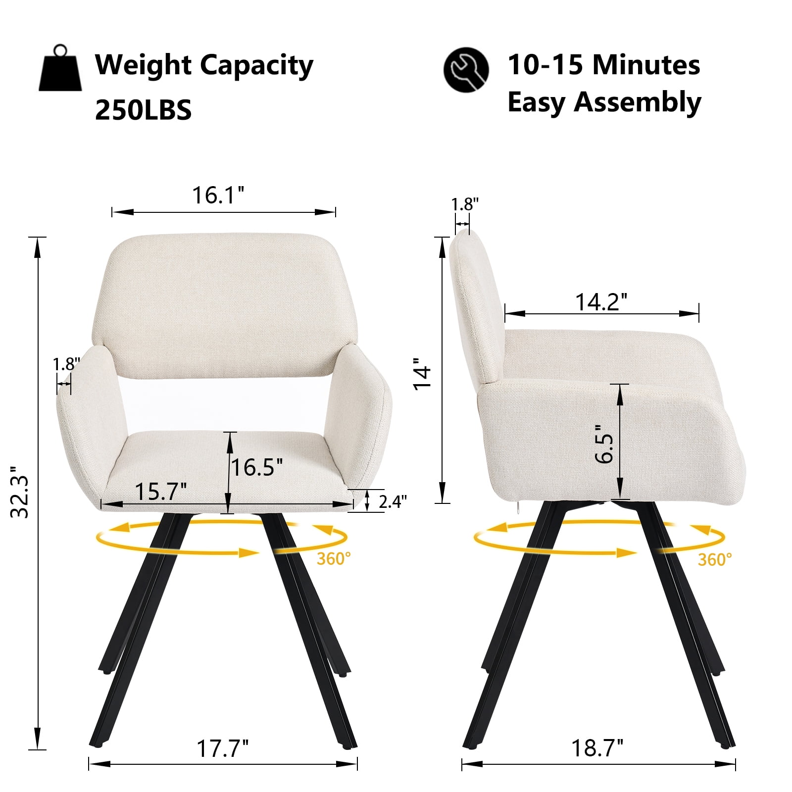 Homy Casa Swivel Office Desk Chair, Upholstered Workstation Computer Chairs For Home Office Vanity, Beige