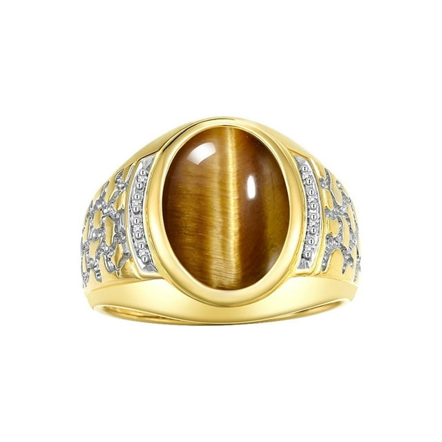 RYLOS Men's Rings Yellow Gold Plated Silver Nugget Ring with Cabochon Gemstone & Diamonds Tiger Eye Rings For Men Size 12