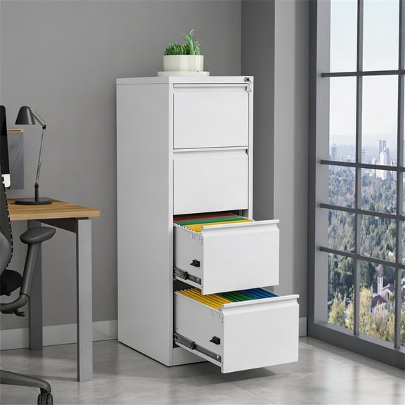 White 4 Drawer Vertical Lockable Metal Filing Cabinet