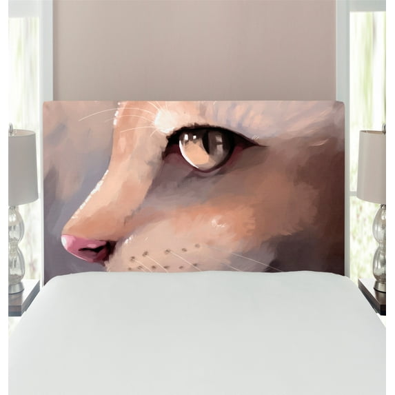Cat Headboard, Illustration Cat Portrait Kitty Zoom Face Big Eyes Whiskers Meow Contemporary Design, Upholstered Decorative Metal Bed Headboard with Memory Foam, Twin Size, Cream, by Ambesonne