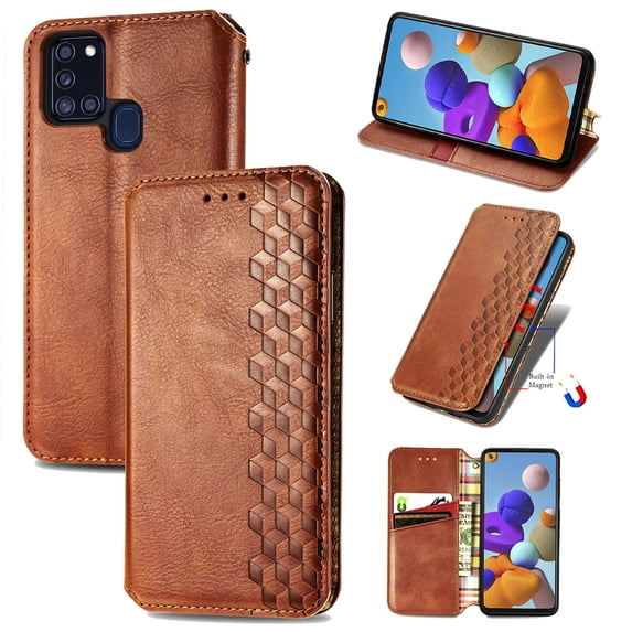 Galaxy A21S Case, Premium PU Leather TPU Wallet Cover with Card Holder Kickstand Hidden Magnetic Adsorption Shockproof Flip Folio Cell Phone Protective Case for Samsung Galaxy A21S,Brown