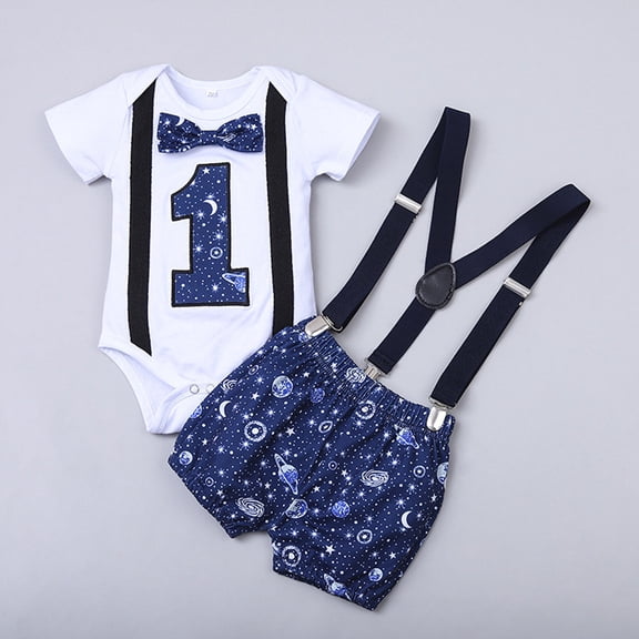 Baby Boys 1st Birthday Party Outfit Bowtie Letter Print Romper and Suspenders Shorts 2 Piece Gentleman Suit