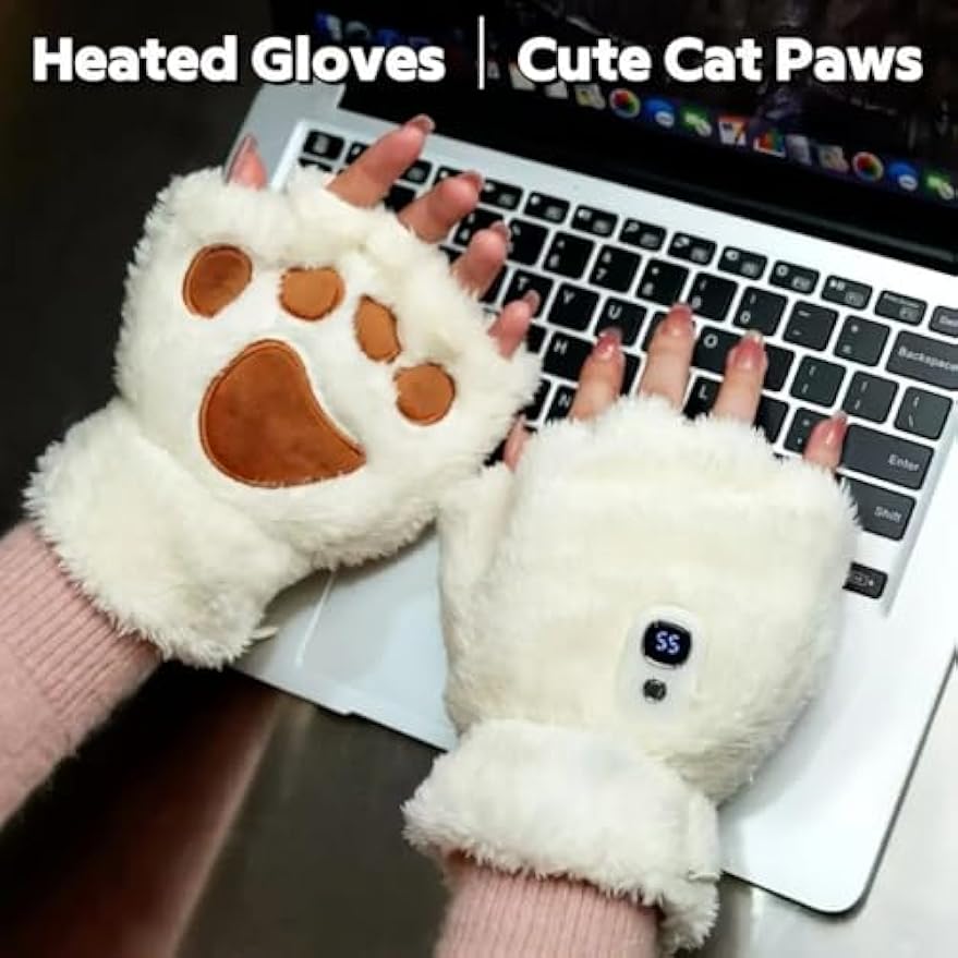Heated Gloves for Women Rechargeable Cat Paw  – USB Electric Hand Warmers with 3 Heat Levels, Washable Half-Finger Cute Cat Claw Mittens for Office, Study & Gifts