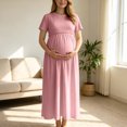 thumbnail image 5 of UKHCCC Women's Maternity Maxi Dress, Short Sleeve Crew Neck A-Line Waffle Texture Stretchy High Waist Long Dress for Casual Pregnancy Wear, 5 of 9