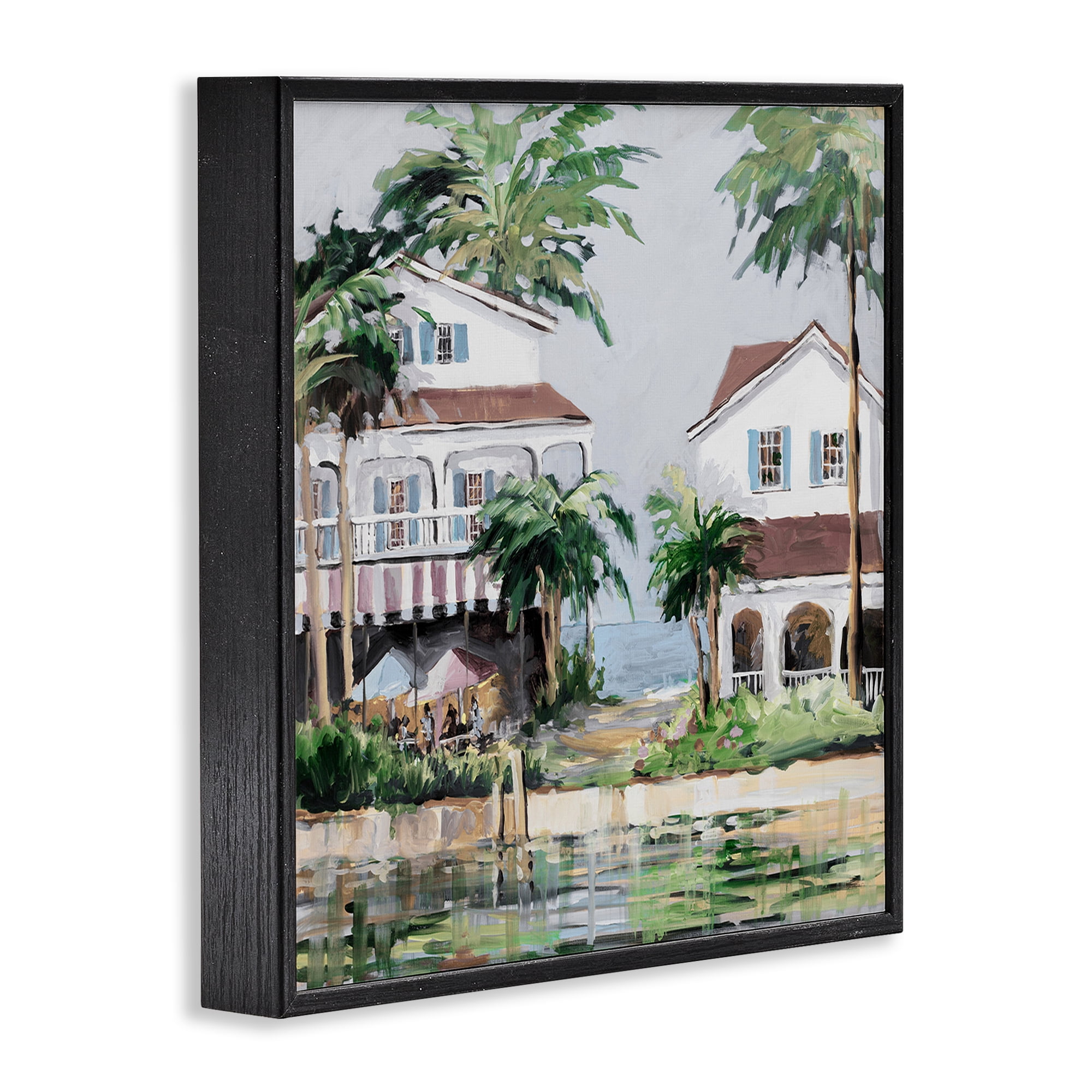 Stupell Industries Coastal Bay Cottages Coastal Painting Black Framed Art Print Wall Art, 12 x 12