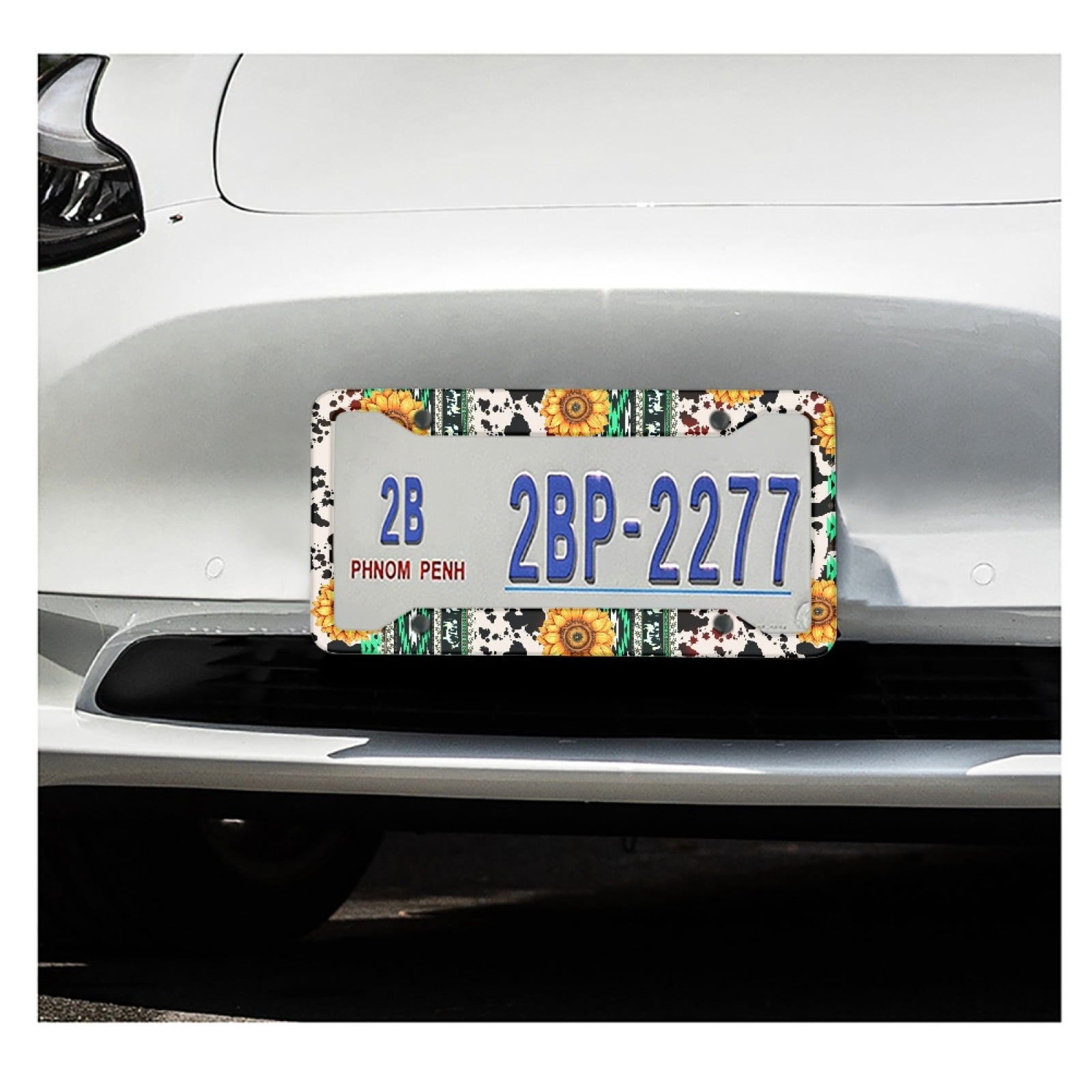 Renewold American Tribal Sunflower Cow Print Green Car License Plate Frame Holder Automotive Tag with Screws Car Decorative Accessories Set of 2