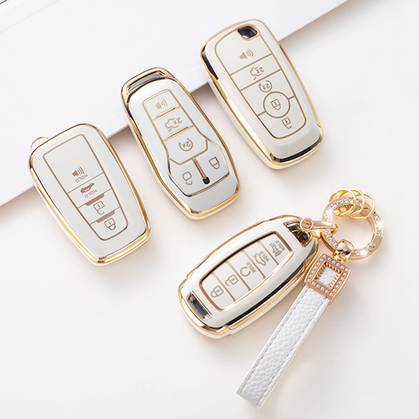 Premium Leather-Lanyard Key Fob Cover for Ford Edge Escape Expedition Explorer Fusion Mustang Ranger F-150 F-250 – Durable Smart Key Protector Case