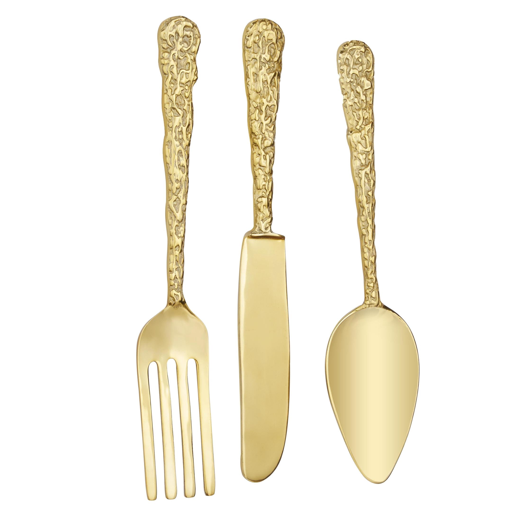 DecMode Gold Aluminum Metal Knife, Spoon and Fork Utensils Wall Decor (3 Count)
