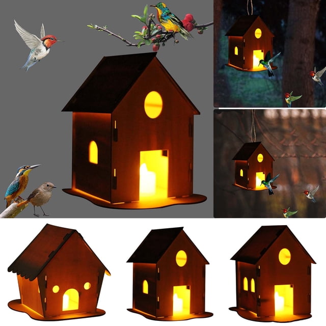Fiudx Casita para Pájaros de Madera, Montaje Diy, Nido Acogedor para Exteriores, Decoración de Jardín, Fácil de Colgar con Ojal de Metal, Diseño Único, Tamaño 19,5 X 19 X 21 Cm, Incluye Luz.