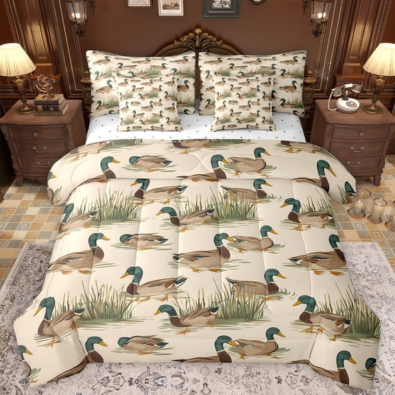 Homewish Retro Mallard 7-Piece Twin Bedding Sets,Rustic Farmhouse Cabin Bedding Comforter Set,Brown Green Sheet Sets For Kids,Super Cozy Room Decor Reversible