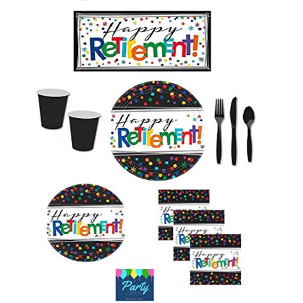 retirement party supplies happy retirement plates, napkins, cups, cutlery & large happy