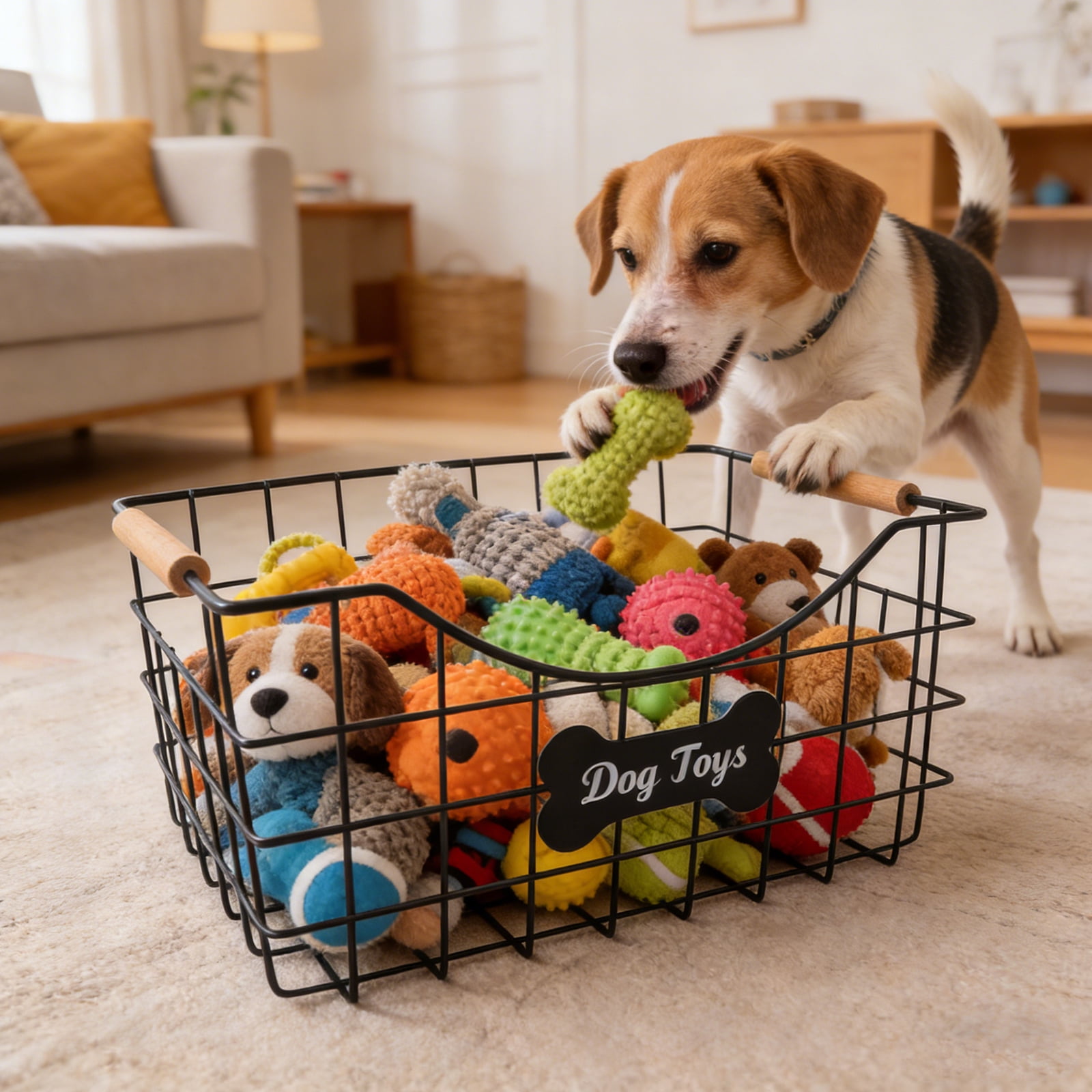 Brabtod Metal Wire Dog Toy Storage Basket - Rectangular Large-Capacity Organizer with Wooden Handles for Pet Toys, Treats, Leashes & Plushies