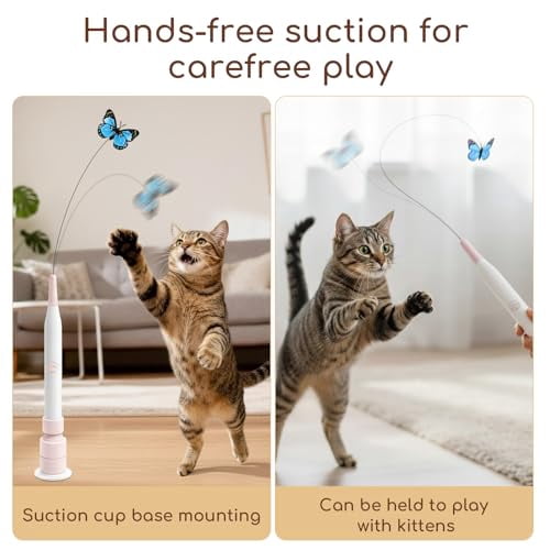 Rechargeable Automatic Cat Toy with Suction Cup,Interactive Cat Toys for Indoor Cats,Butterfly Teaser Wand for Bored Kittens,Self Play Exercise Toy with Flexible Wire(Blue，Butterfly Color Random）