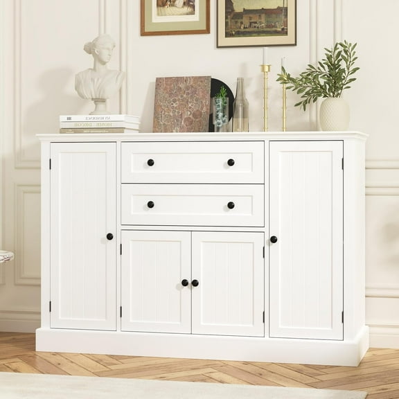 DIYART Farmhouse 47" Buffet Cabinet with Storage,Large Sideboard Buffet with Drawers and Adjustable Shelves, Rustic Coffee Bar Cabinet for Kitchen, White