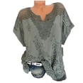 thumbnail image 1 of Camisa de murciélago de manga corta bordada con cuello en V de encaje para mujer Eccomum Gris M, 1 of 5
