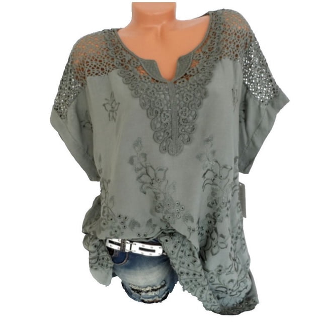 Camisa de murciélago de manga corta bordada con cuello en V de encaje para mujer Eccomum Gris M