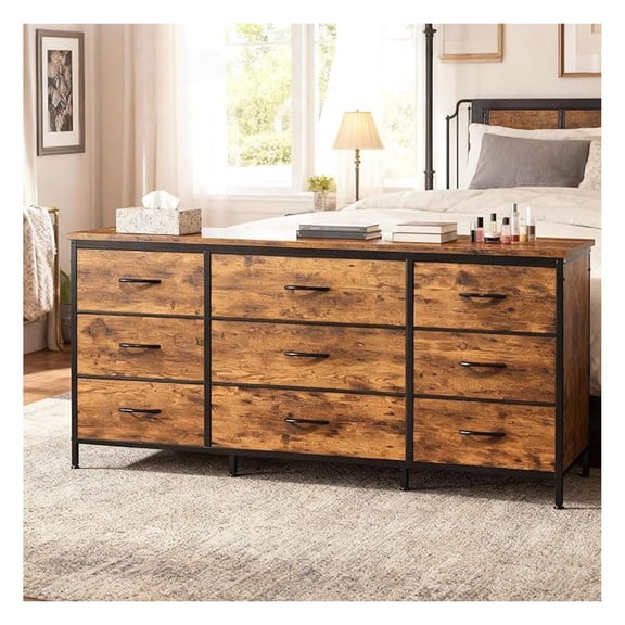 TV Stand with 9 Wide Drawer Dresser, 47 inch Long Dresser for Bedroom, Sturdy Metal Frame, Living Room, Entryway, Rustic Brown
